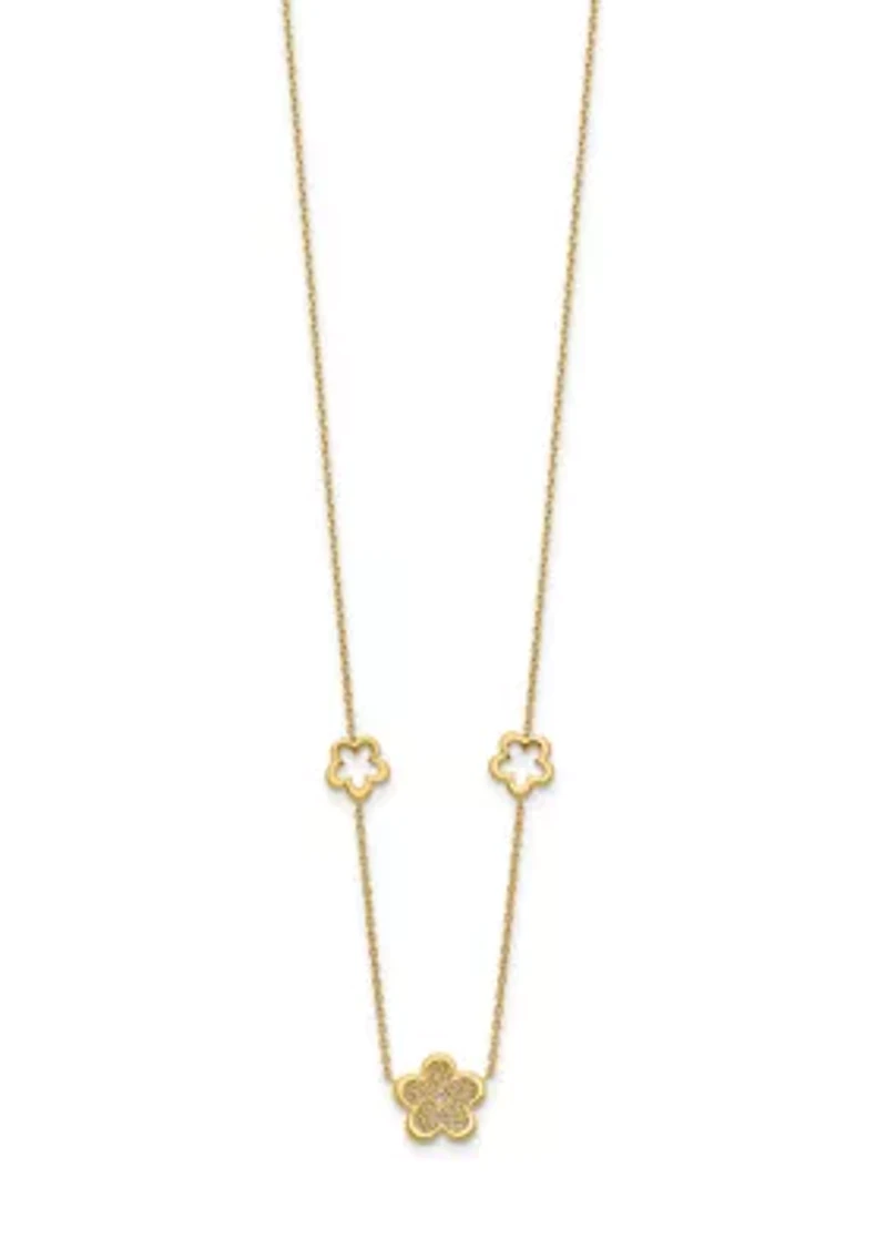 14K Yellow Gold Polished and Filigree Flower Stations with 1 Inch Extension Necklace