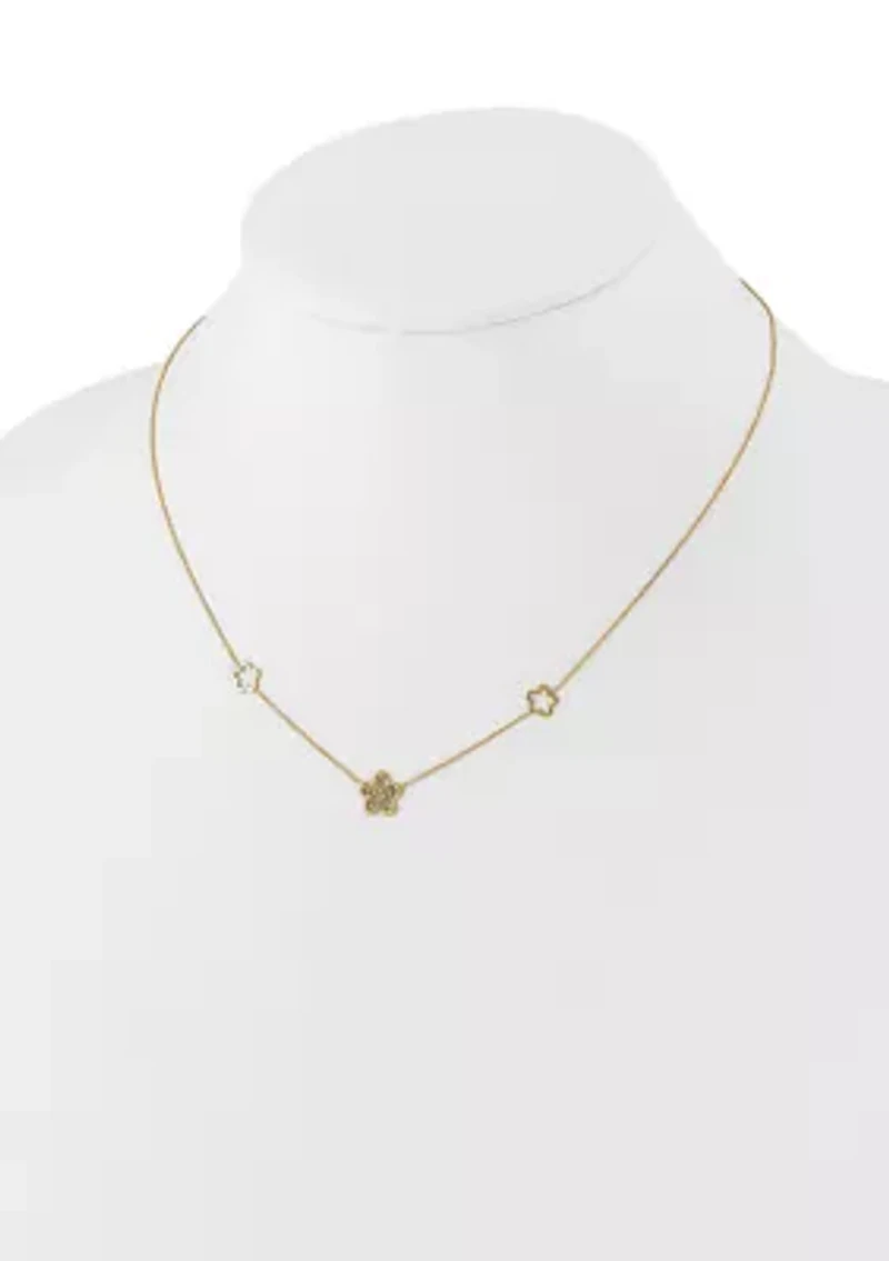 14K Yellow Gold Polished and Filigree Flower Stations with 1 Inch Extension Necklace