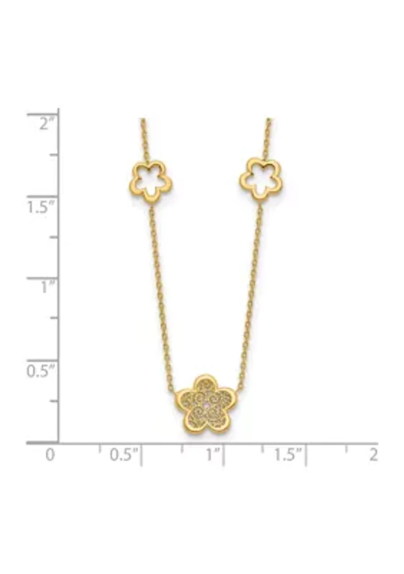 14K Yellow Gold Polished and Filigree Flower Stations with 1 Inch Extension Necklace