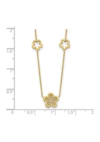 14K Yellow Gold Polished and Filigree Flower Stations with 1 Inch Extension Necklace