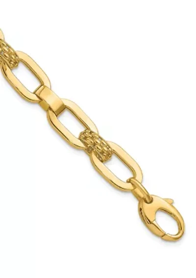 14K Yellow Gold Polished and Textured Fancy Link Bracelet