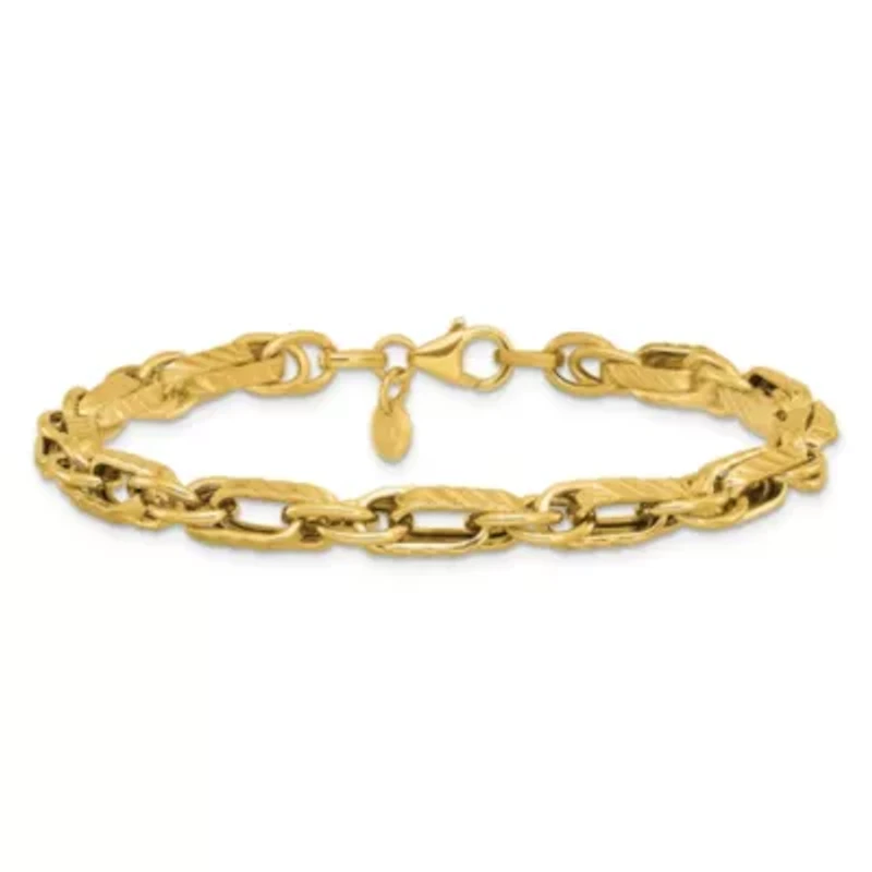 14K Yellow Gold Polished and Grooved Fancy Link Bracelet