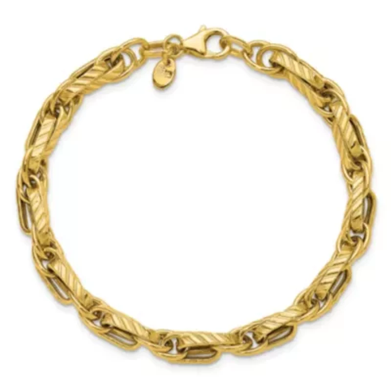 14K Yellow Gold Polished and Grooved Fancy Link Bracelet