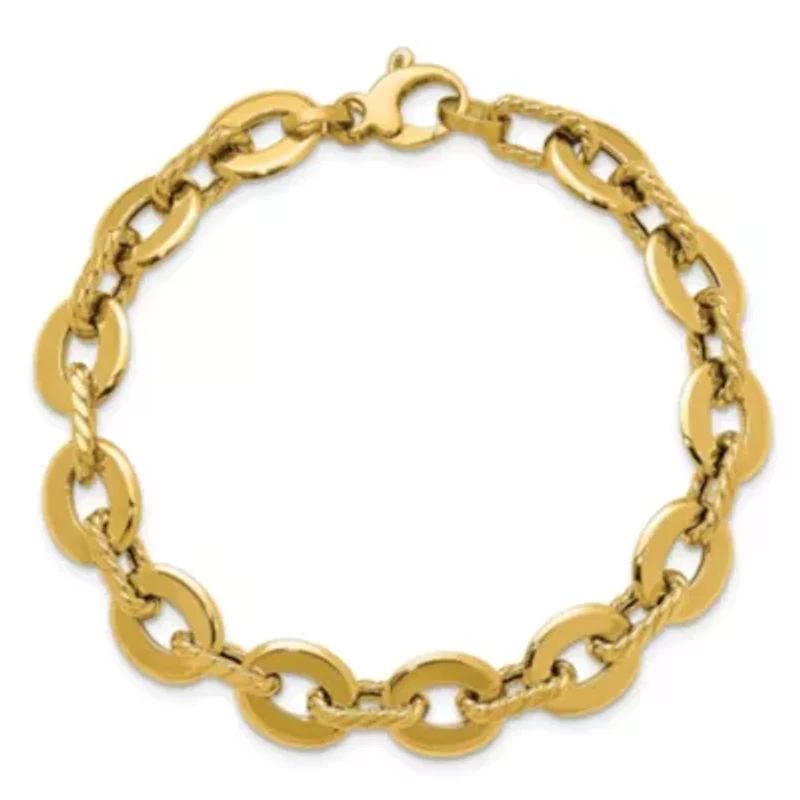 14K Yellow Gold Polished and Grooved Fancy Link Bracelet