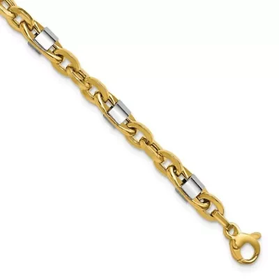 14K Yellow Gold with White Rhodium Polished Fancy Oval Men's Link Bracelet