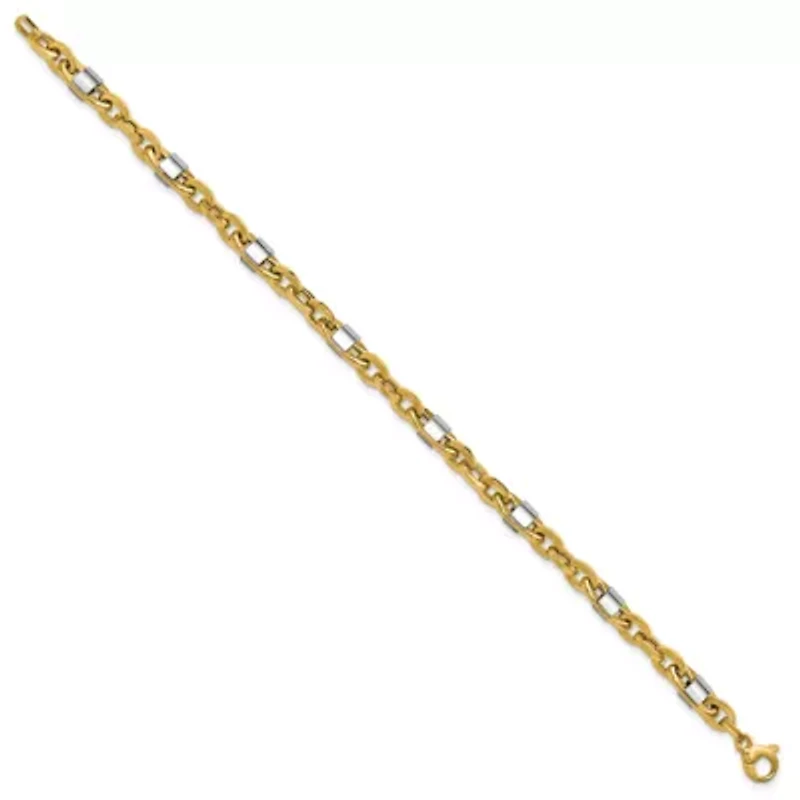 14K Yellow Gold with White Rhodium Polished Fancy Oval Men's Link Bracelet