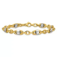 14K Yellow Gold with White Rhodium Polished Fancy Oval Men's Link Bracelet