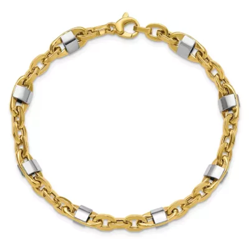 14K Yellow Gold with White Rhodium Polished Fancy Oval Men's Link Bracelet