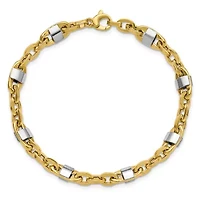 14K Yellow Gold with White Rhodium Polished Fancy Oval Men's Link Bracelet