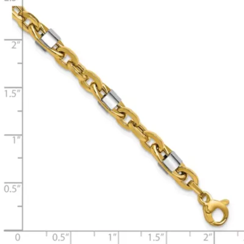 14K Yellow Gold with White Rhodium Polished Fancy Oval Men's Link Bracelet