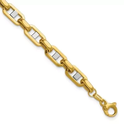 14K Yellow Gold with White Rhodium Polished Fancy Flat Anchor Men's Link Bracelet