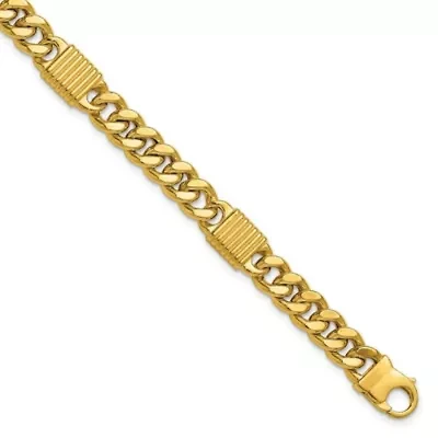 14K Yellow Gold Polished and Grooved Fancy Curb Link Station Men's Bracelet