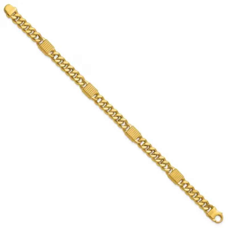 14K Yellow Gold Polished and Grooved Fancy Curb Link Station Men's Bracelet
