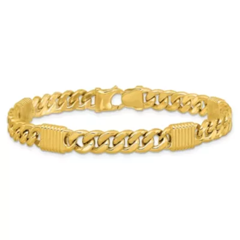 14K Yellow Gold Polished and Grooved Fancy Curb Link Station Men's Bracelet