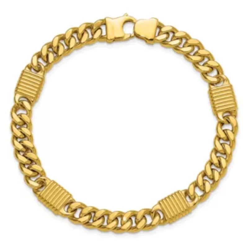 14K Yellow Gold Polished and Grooved Fancy Curb Link Station Men's Bracelet