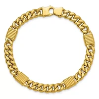 14K Yellow Gold Polished and Grooved Fancy Curb Link Station Men's Bracelet