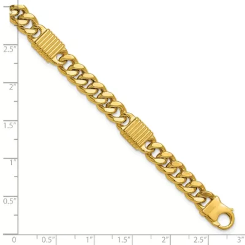 14K Yellow Gold Polished and Grooved Fancy Curb Link Station Men's Bracelet