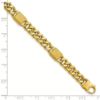 14K Yellow Gold Polished and Grooved Fancy Curb Link Station Men's Bracelet