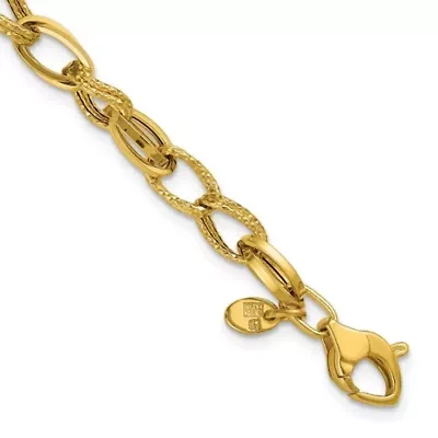 14K Yellow Gold Polished and Textured Fancy Oval Link Bracelet