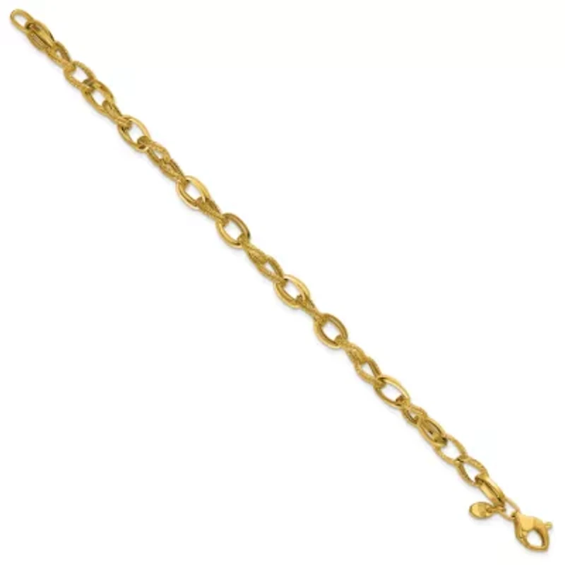14K Yellow Gold Polished and Textured Fancy Oval Link Bracelet