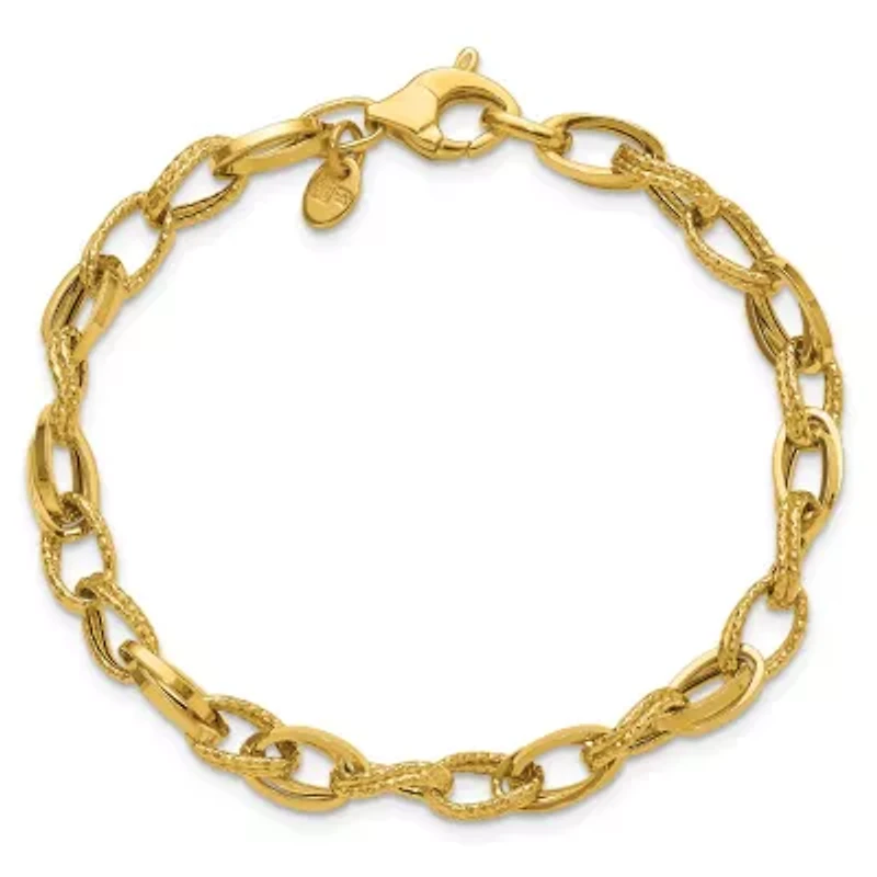 14K Yellow Gold Polished and Textured Fancy Oval Link Bracelet