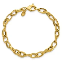 14K Yellow Gold Polished and Textured Fancy Oval Link Bracelet