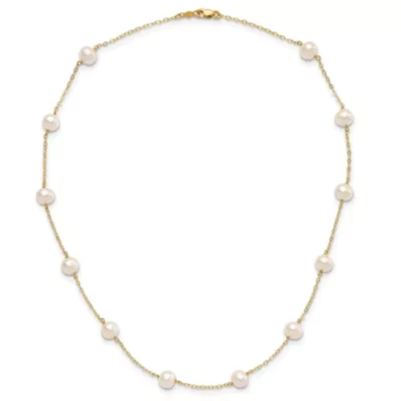 14K Yellow Gold 5.5-6.5mm White Near Round Freshwater Cultured Pearl 12-station Necklace