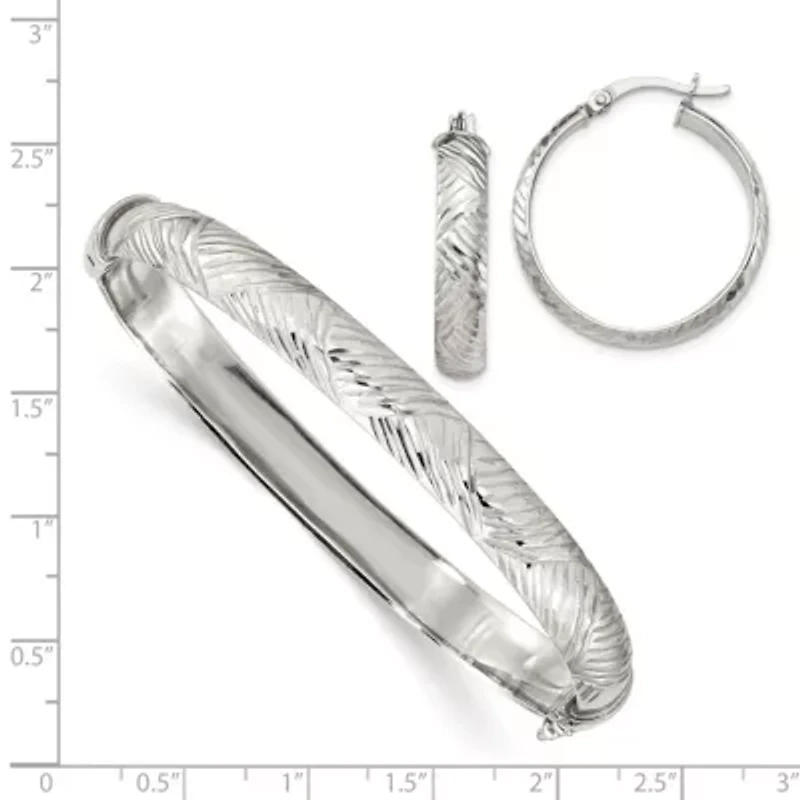 Sterling Silver Diamond-cut 7.5mm Bangle and 5mm Hoop Earring Set