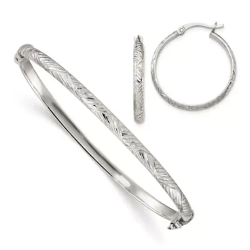 Sterling Silver Diamond-cut 4mm Bangle and 3mm Hoop Earring Set