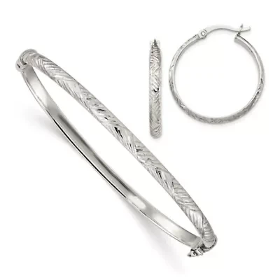 Sterling Silver Diamond-cut 4mm Bangle and 3mm Hoop Earring Set