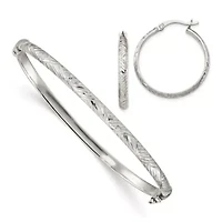 Sterling Silver Diamond-cut 4mm Bangle and 3mm Hoop Earring Set