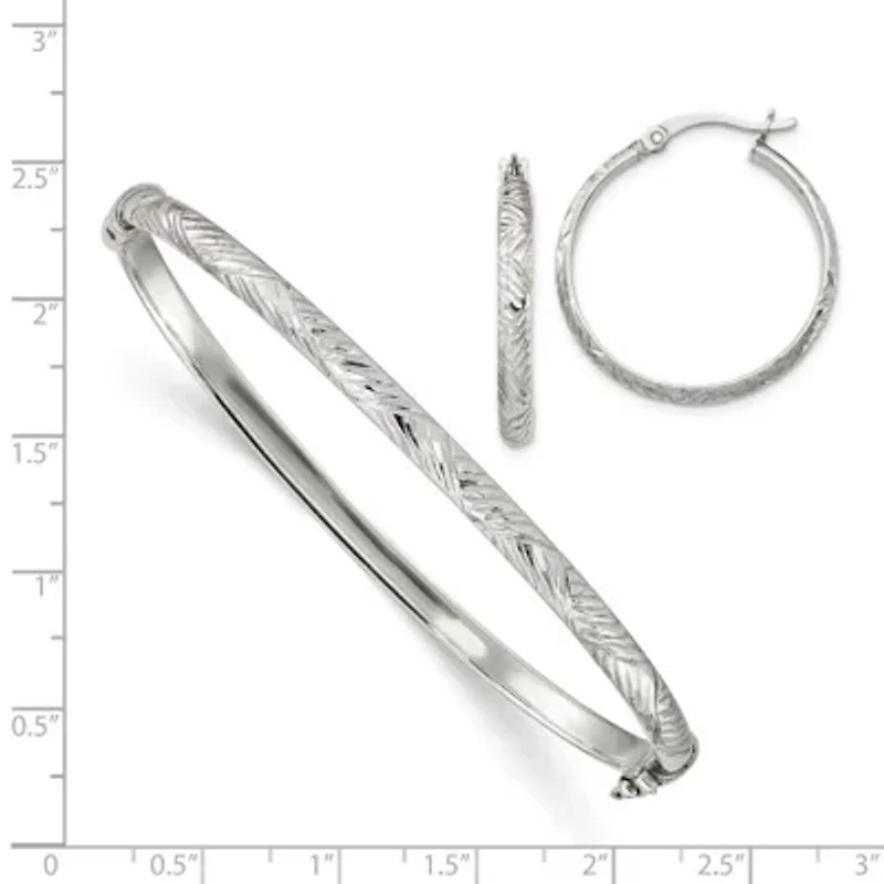 Sterling Silver Diamond-cut 4mm Bangle and 3mm Hoop Earring Set