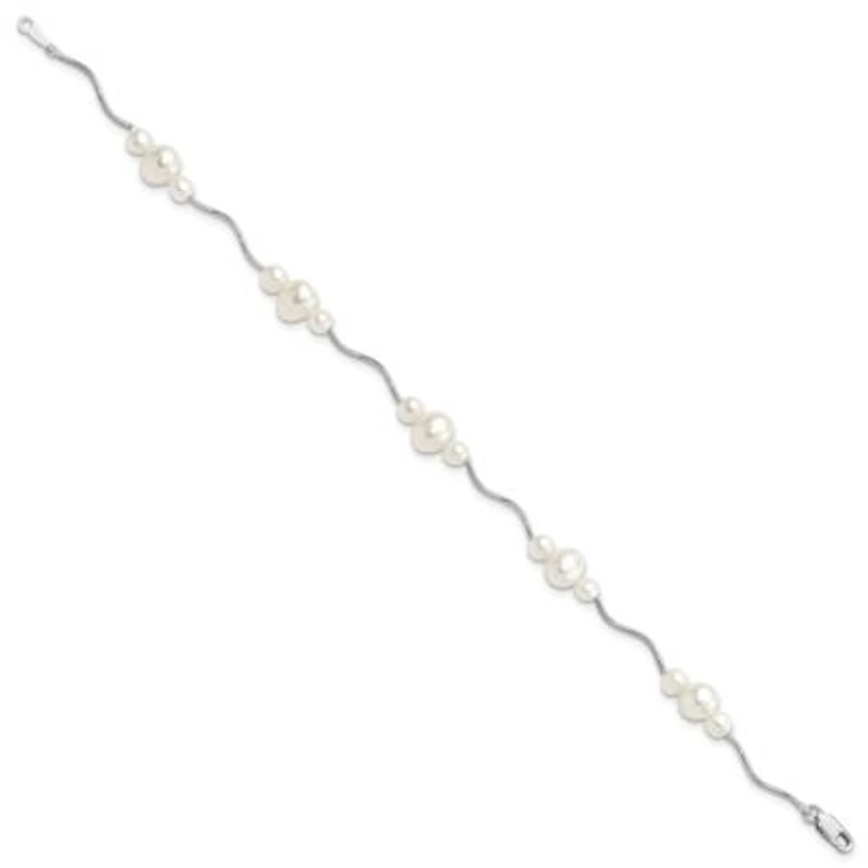 Sterling Silver Rhodium-plated 3-6mm Freshwater Cultured Pearl Bracelet
