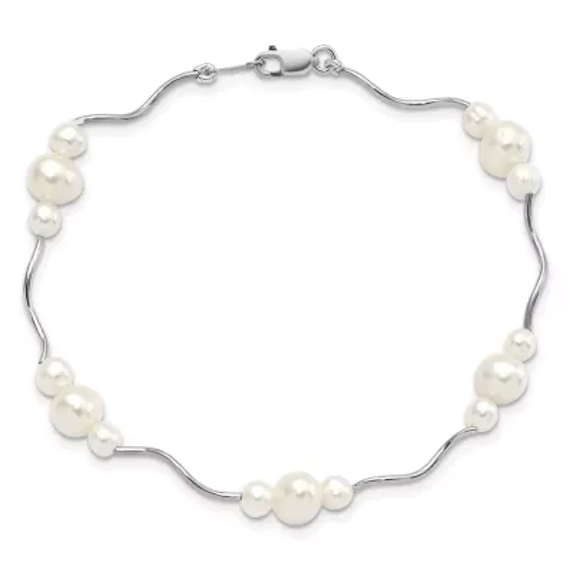 Sterling Silver Rhodium-plated 3-6mm Freshwater Cultured Pearl Bracelet