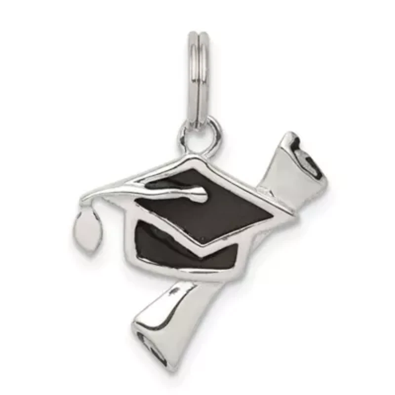 Sterling Silver Rhodium-plated Black Enamel Graduation Cap Diploma Charm