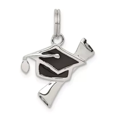 Sterling Silver Rhodium-plated Black Enamel Graduation Cap Diploma Charm