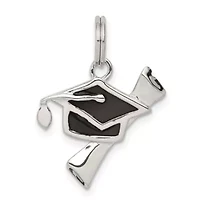 Sterling Silver Rhodium-plated Black Enamel Graduation Cap Diploma Charm