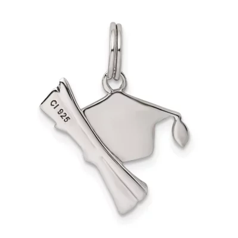 Sterling Silver Rhodium-plated Black Enamel Graduation Cap Diploma Charm