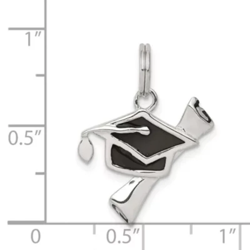 Sterling Silver Rhodium-plated Black Enamel Graduation Cap Diploma Charm