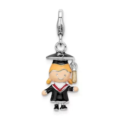 Sterling Silver Rhodium-plated Enamel Girl Graduate Charm