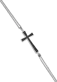 1/10 ct. t.w. Black and White Diamond Reversible Cross 2 Strand Bracelet in Rhodium Plated Sterling Silver