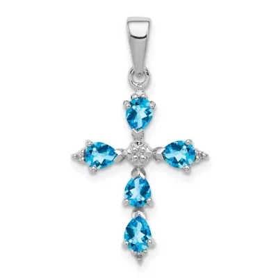 7/8 ct. t.w. Pear Swiss Blue Topaz and 0.02 ct. t.w. Diamond Cross Pendant in Rhodium-plated Sterling Silver