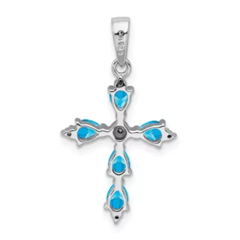 7/8 ct. t.w. Pear Swiss Blue Topaz and 0.02 ct. t.w. Diamond Cross Pendant in Rhodium-plated Sterling Silver