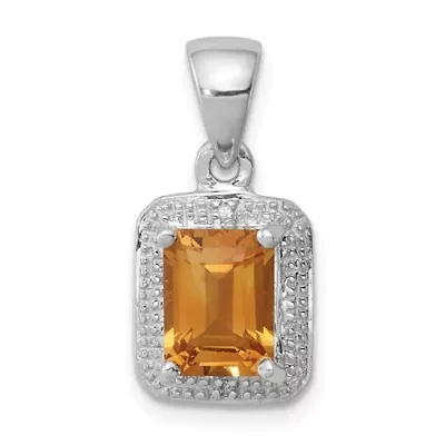 1.6 ct. t.w. Emerald-cut Citrine and 0.01 ct. t.w. Diamond Pendant in Rhodium-plated Sterling Silver