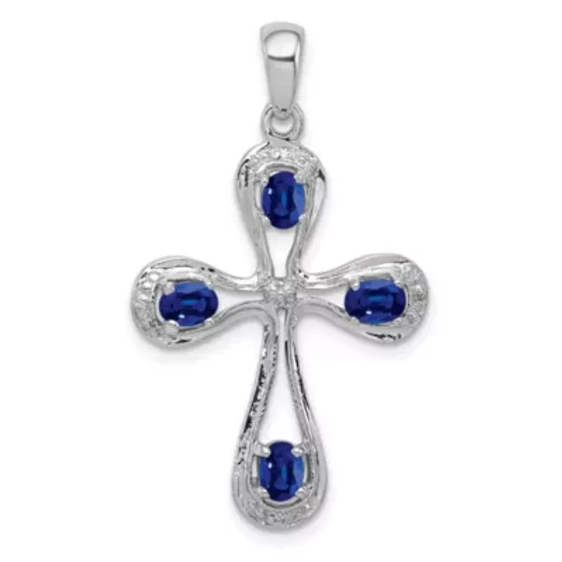 7/8 ct. t.w. Sapphire and 0.01 ct. t.w. Diamond Cross Pendant in Rhodium-plated Sterling Silver
