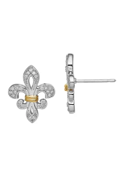 1/8 ct. t.w. Diamond Fleur de Lis Post Earrings in Rhodium Plated and 14 Karat Yellow Gold Sterling Silver