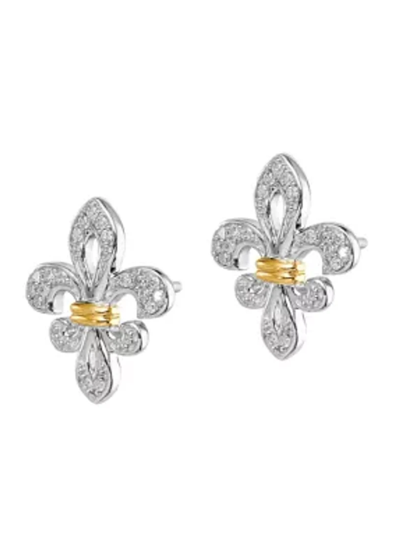 1/8 ct. t.w. Diamond Fleur de Lis Post Earrings in Rhodium Plated and 14 Karat Yellow Gold Sterling Silver