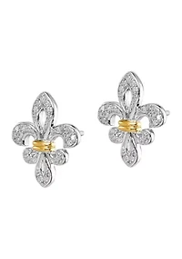 1/8 ct. t.w. Diamond Fleur de Lis Post Earrings in Rhodium Plated and 14 Karat Yellow Gold Sterling Silver
