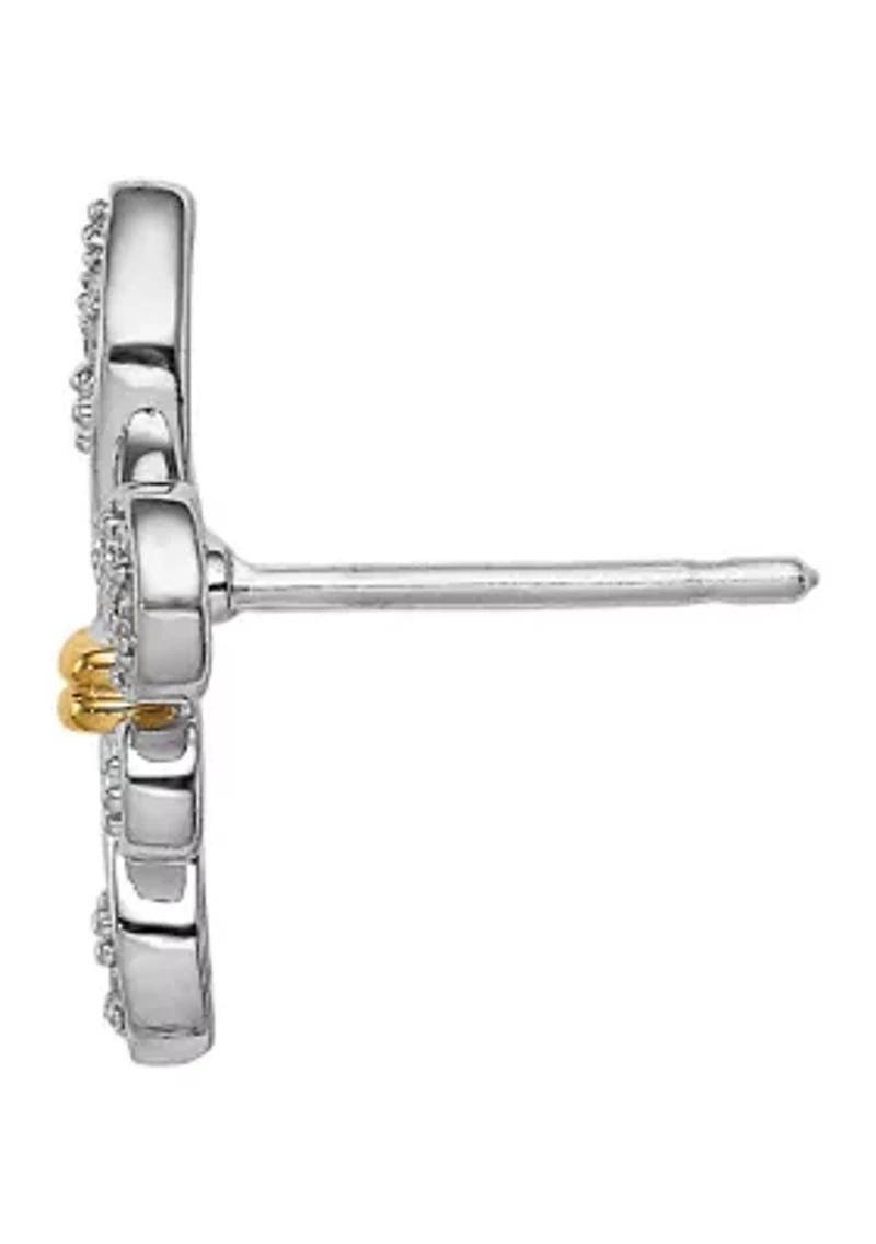 1/8 ct. t.w. Diamond Fleur de Lis Post Earrings in Rhodium Plated and 14 Karat Yellow Gold Sterling Silver