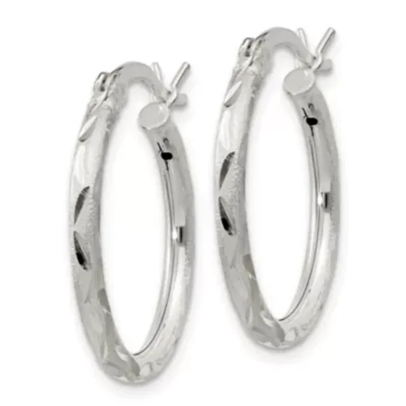 Sterling Silver Satin and Diamond-cut 2x20mm Hoop Earrings